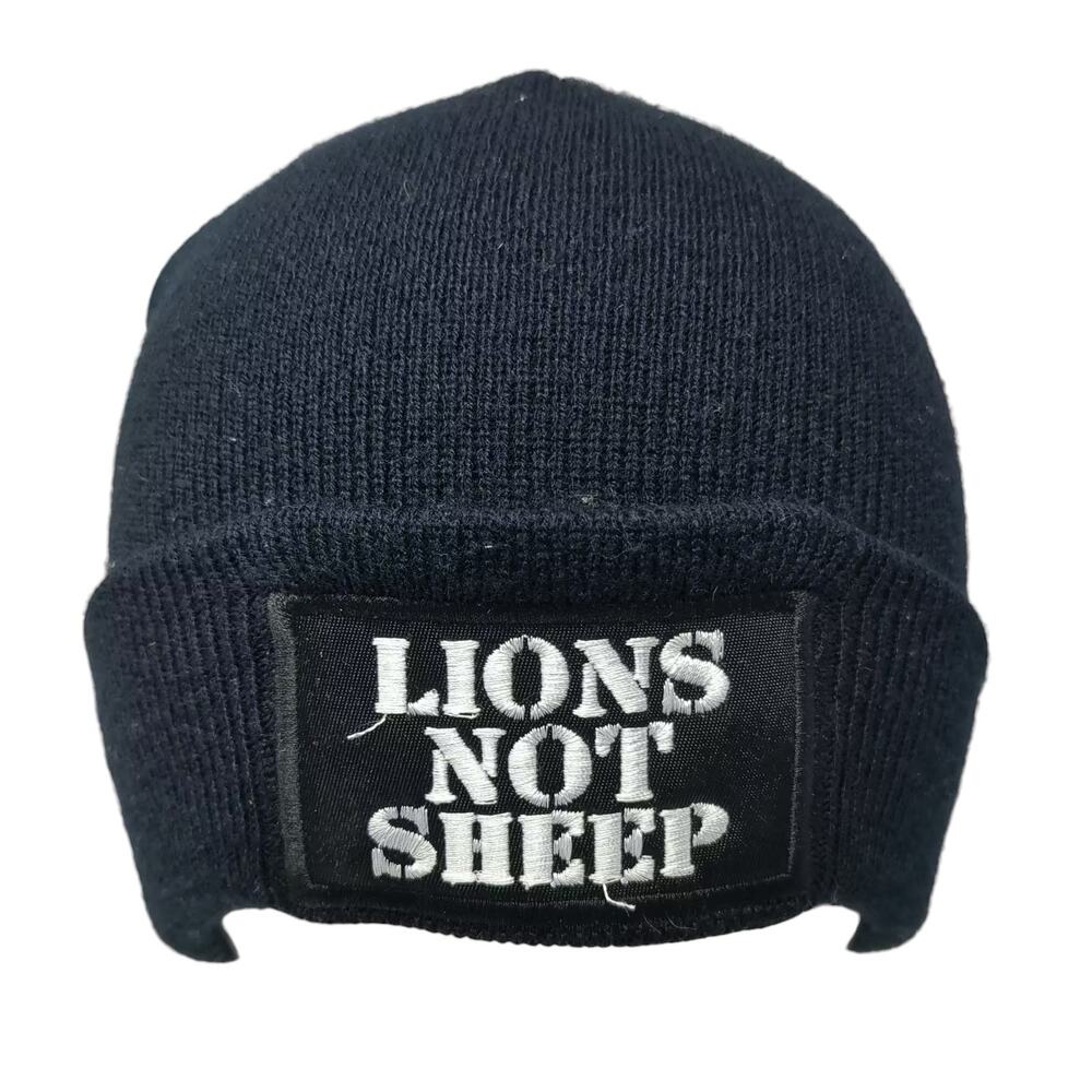 Lions Not Sheep Beanie Black White Fitted OS Hat Embroidered Patch Knit Cuffed
